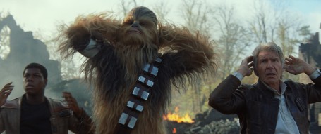 Star Wars: The Force Awakens L to R: Finn (John Boyega), Chewbacca (Peter Mayhew), and Han Solo (Harrison Ford) Ph: Film Frame © 2014 Lucasfilm Ltd. & TM. All Right Reserved..